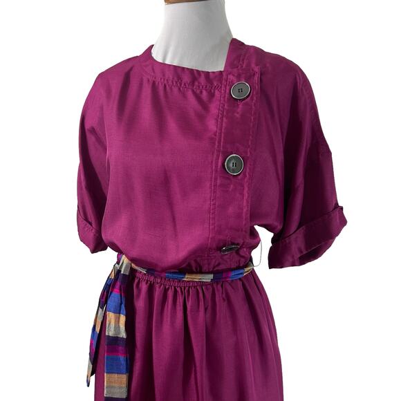 Vintage 80s Fuchsia Purple Secretary Midi Work Dress Lightweight M - Picture 3 of 8